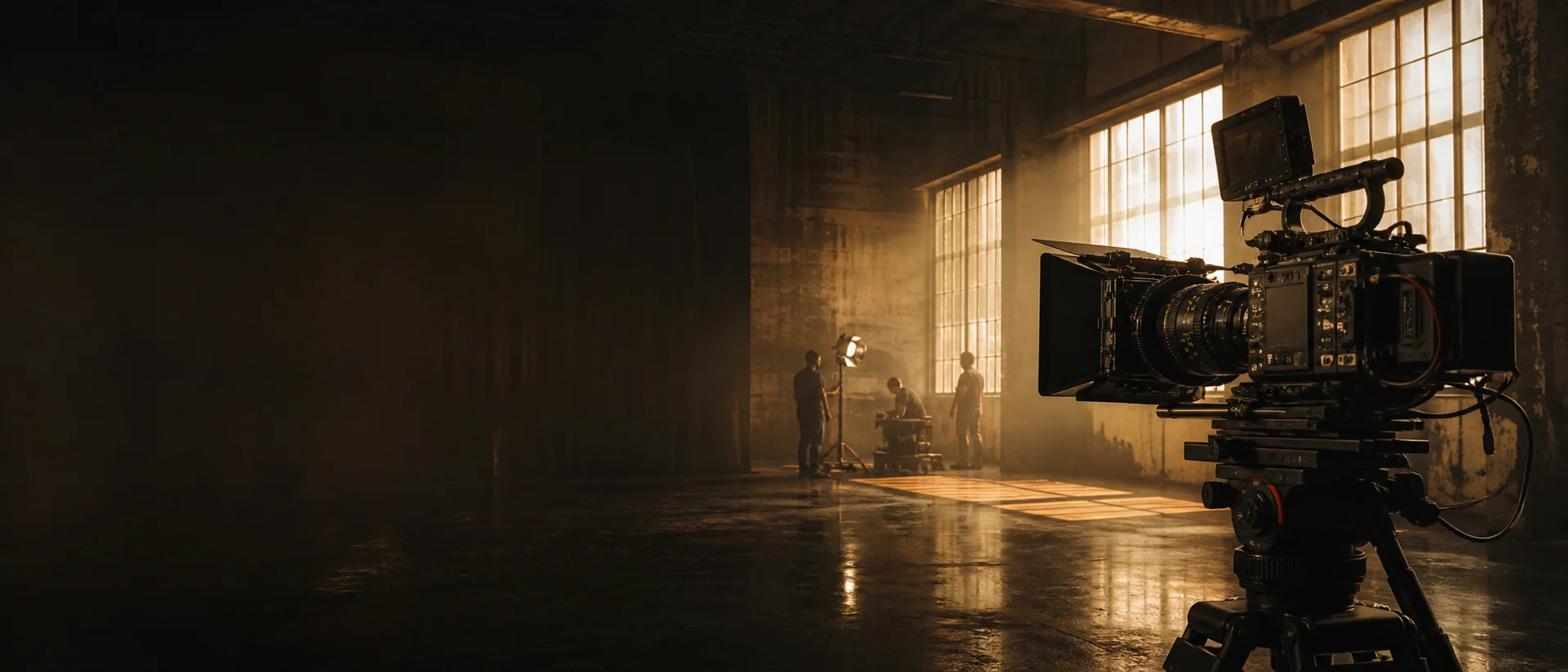 Concepto IA de un rodaje cinematográfico con cámara profesional e iluminación cálida